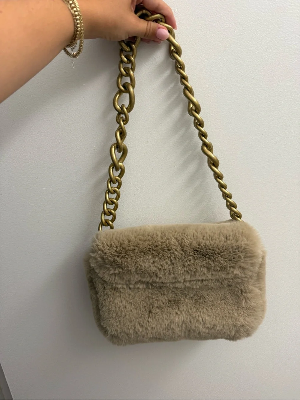 Zara Faux Fur Shoulder Bag with Chunky Gold Chain